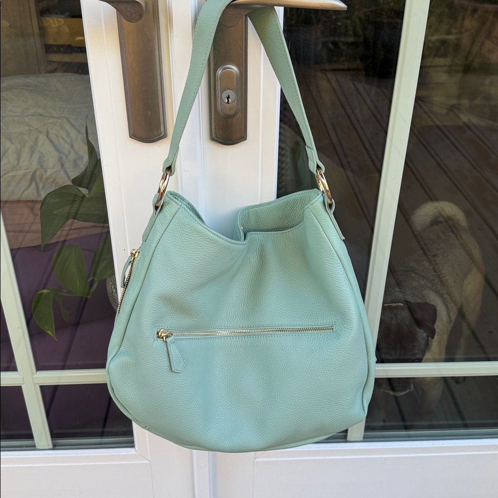 Laggo Mint Green Leather Hobo Bag Expandable Zip Bottom